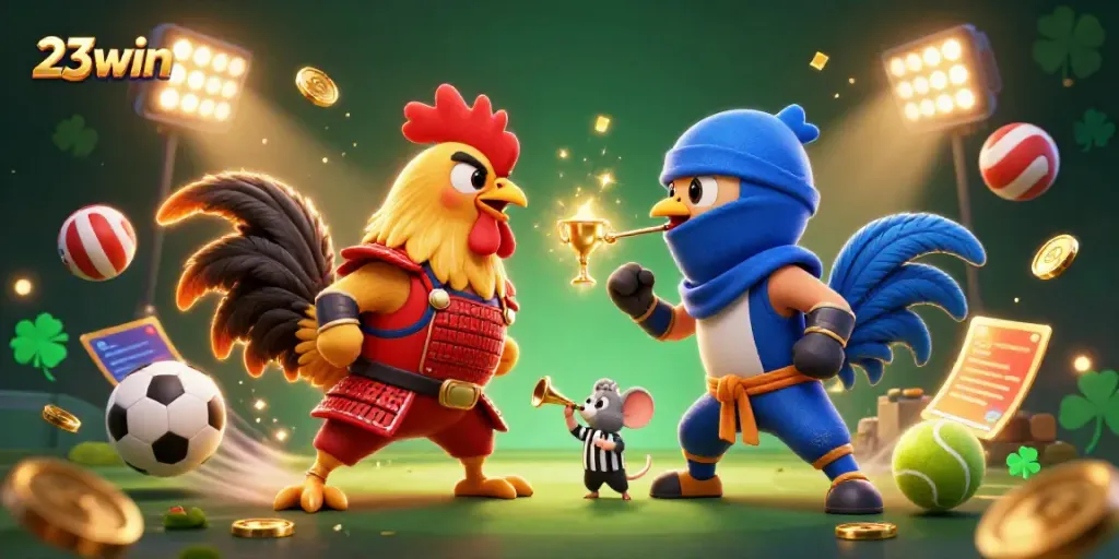 Witness the fierce duel of 23win's colorful roosters in a dynamic gambling scene, complete with sports balls and jackpots.