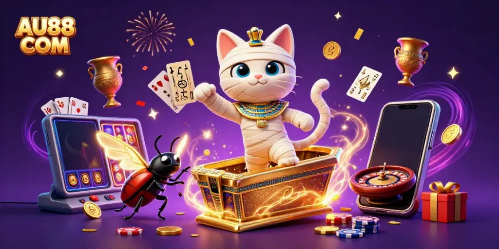 Experience the excitement at AU88 COM with an Egyptian mummy cat and casino atmosphere.