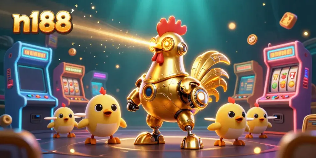Spin and win with n188’s lively casino scene featuring a golden rooster robot and arcade elements.