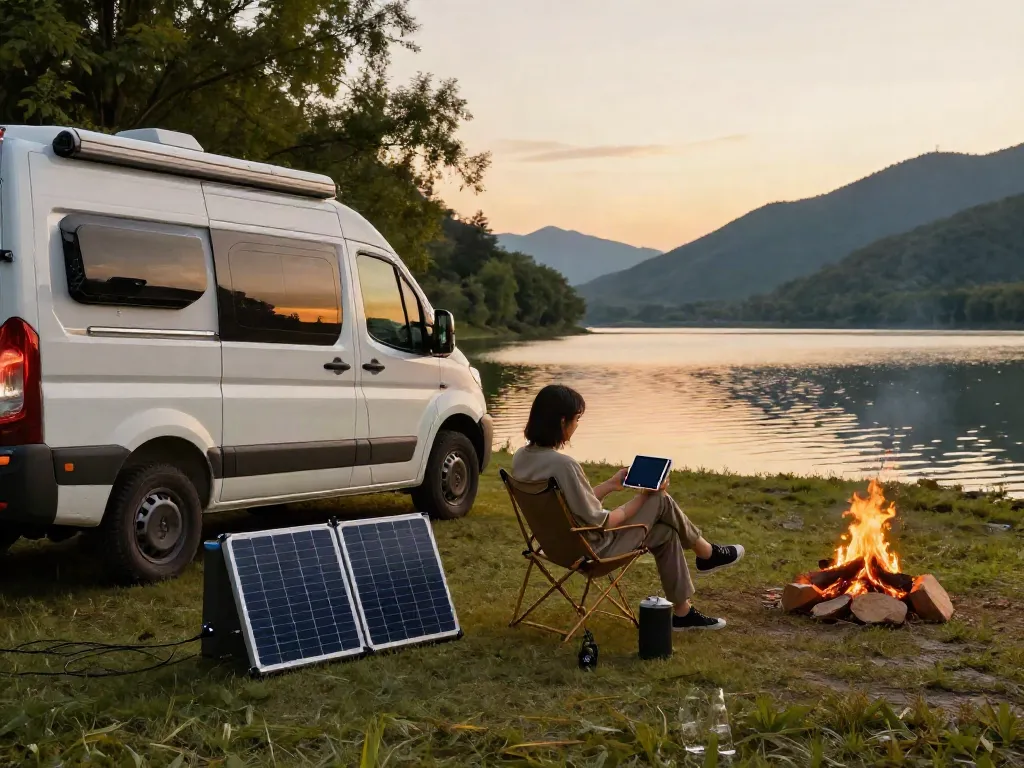 Lithium battery for RV being monitored via smartphone at a scenic campsite with camper van, solar panel, and campfire.