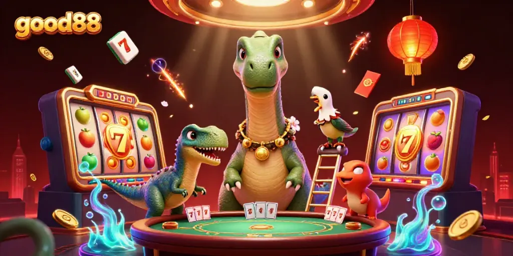 Experience exhilarating moments at good88 with dynamic slot reels and lively casino characters.