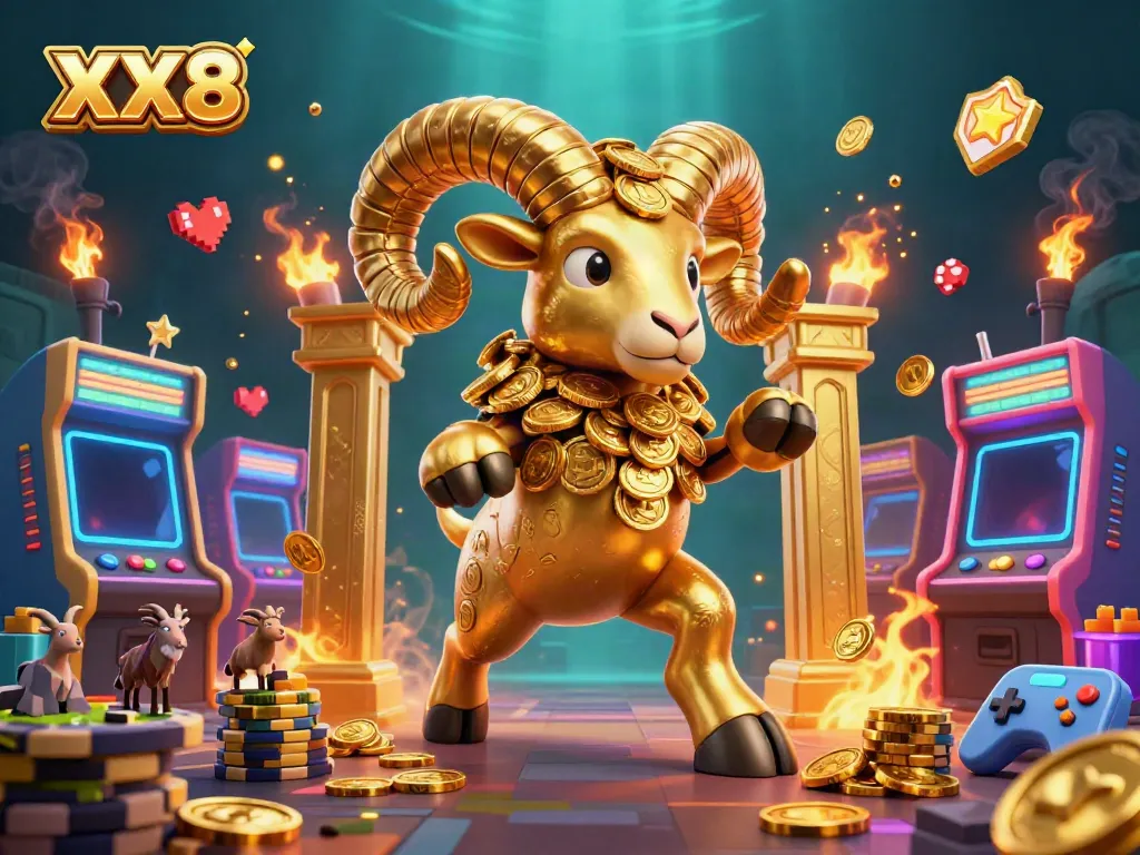 Experience engaging gameplay action with the unique XX8 golden ram character in a thrilling casino setting.