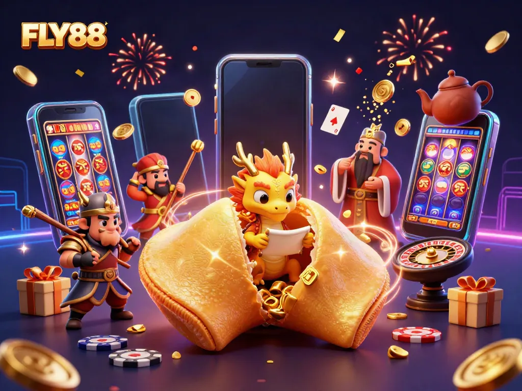 Engage with FLY88's dynamic casino scene featuring a golden fortune cookie and vibrant game elements.