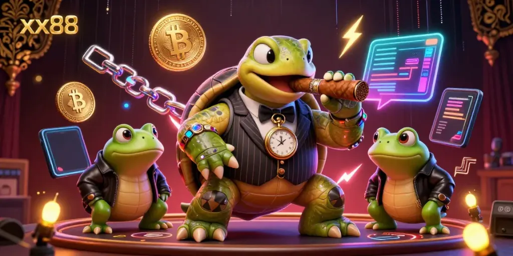 Engage in thrilling gaming action at xx88 with vibrant visuals of cartoon characters in a casino setting.