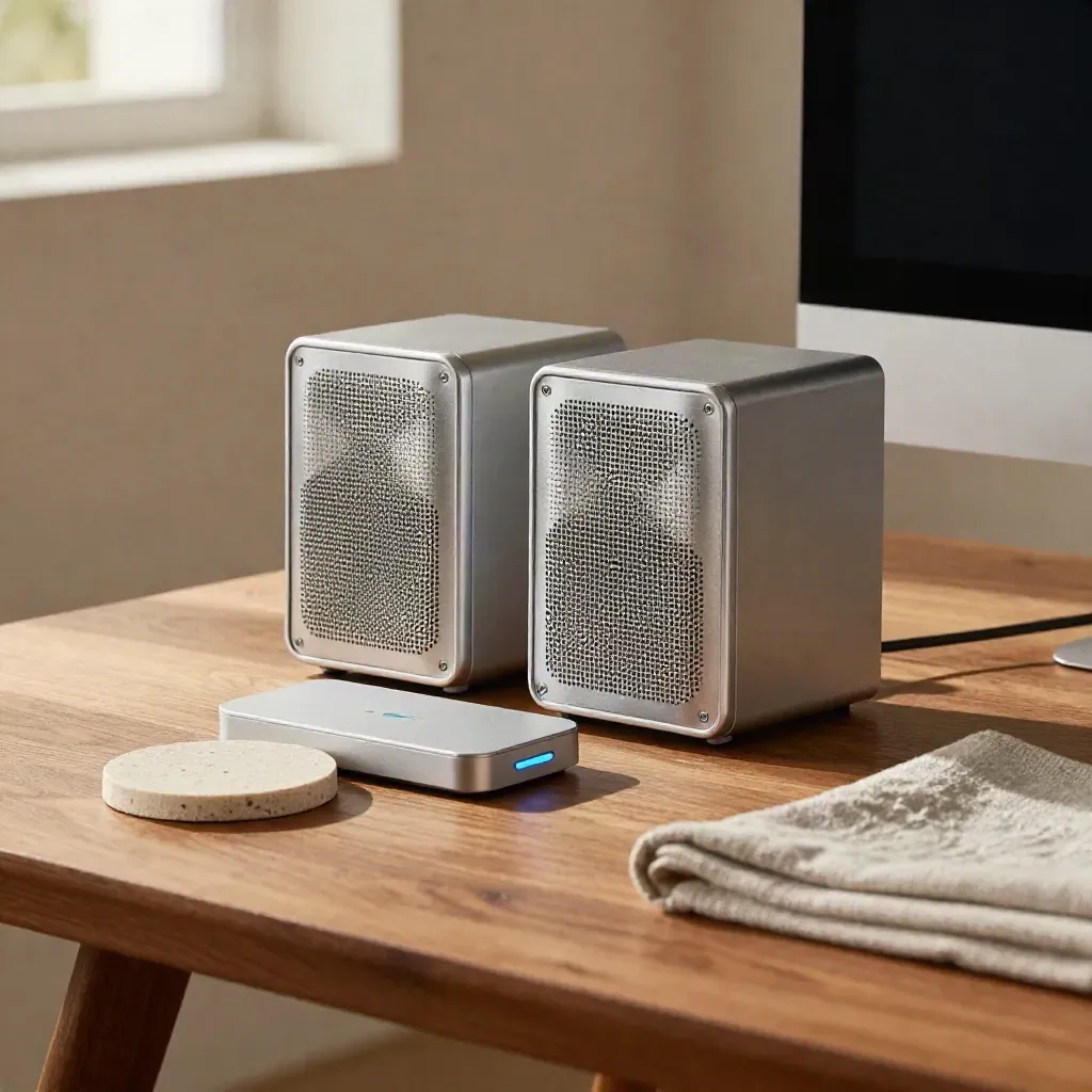 Silver desktop speakers beside a laptop dock on a linen-dressed standing desk in warm loft light.