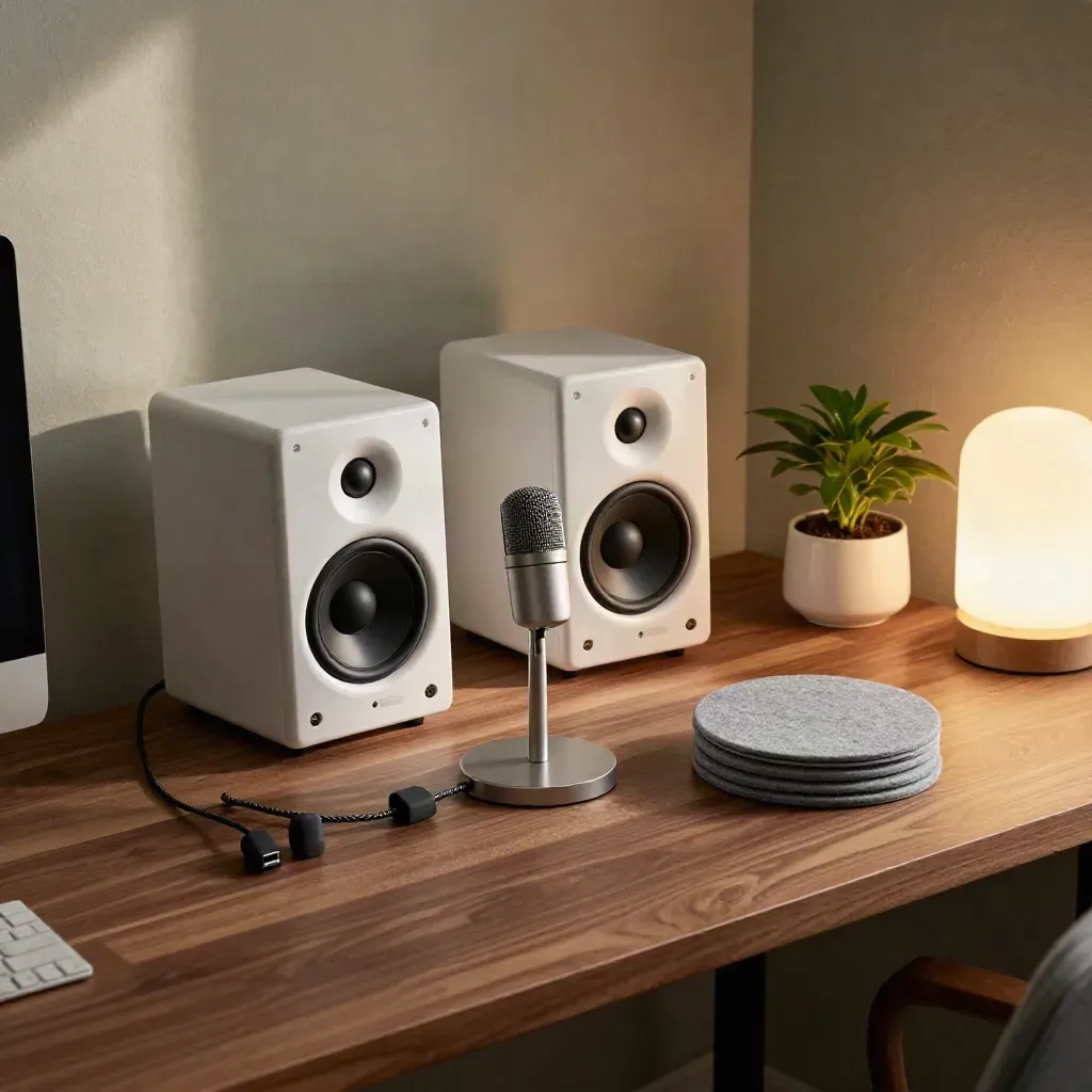 White desk speakers, USB mic, cable clips and felt pads on a walnut corner desk in warm morning light.