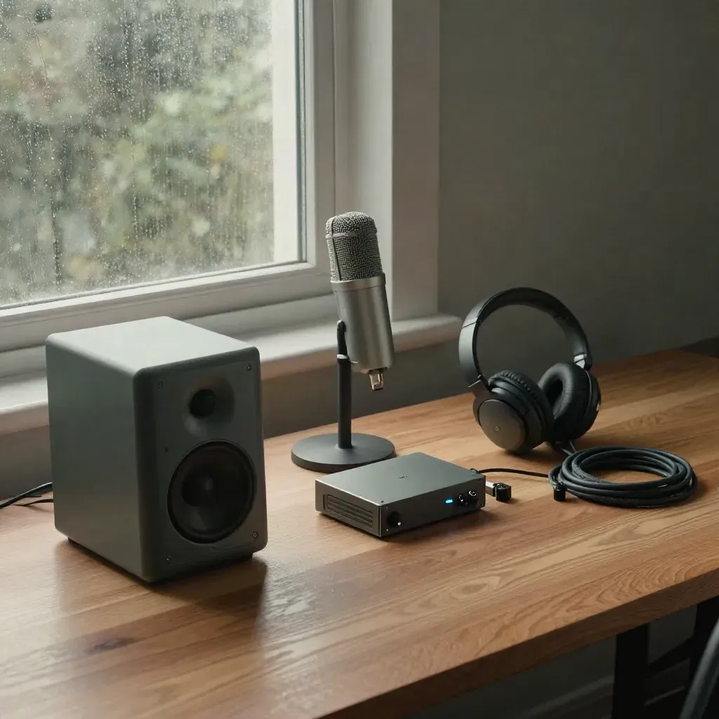 Compact desk audio kit on a rain-dark oak desk, lit by cool dawn haze.