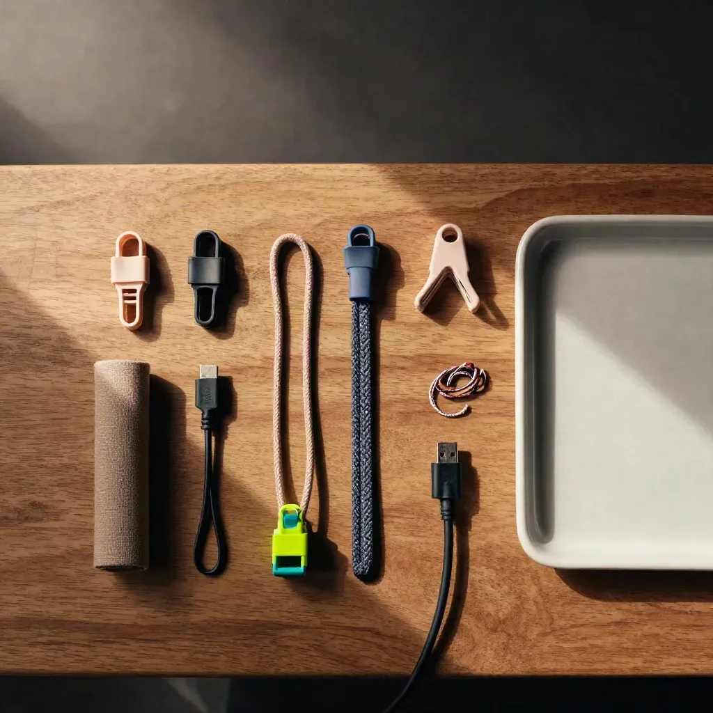 Overhead pine desk cable clips, braided ties, cable sleeve, ceramic tray and USB cable with a teal accent