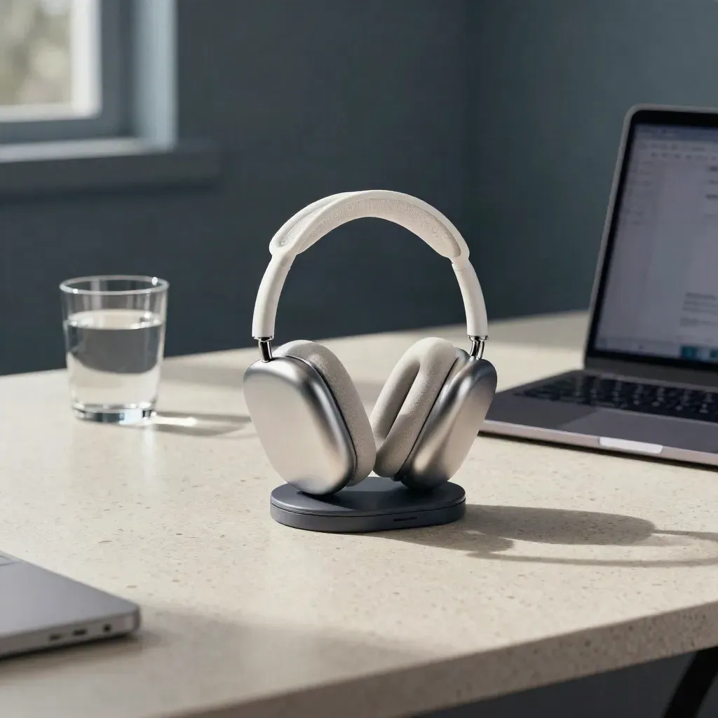 Folded wireless headset on a charging cradle beside a closed laptop and water glass on travertine.