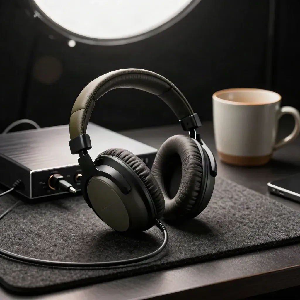 Headset, audio interface, mug, and felt pad on a dark desk in dramatic soft light.