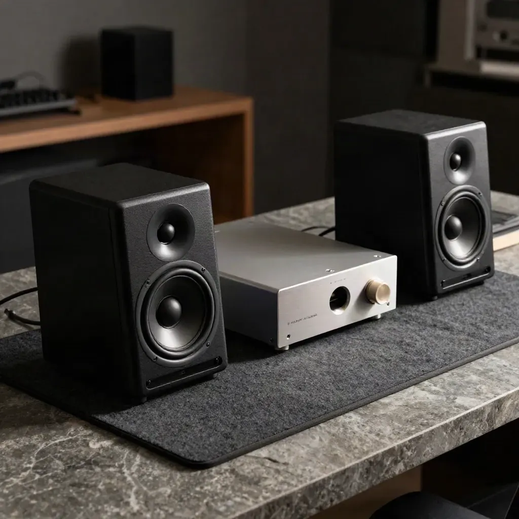 Low-profile speakers and a small DAC on a charcoal wool mat over stone, lit cinematically.
