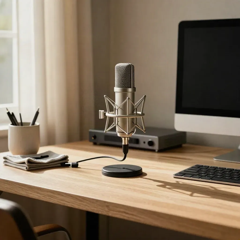 USB condenser mic in a warm home office beside a monitor stand, pen cup and cloth.