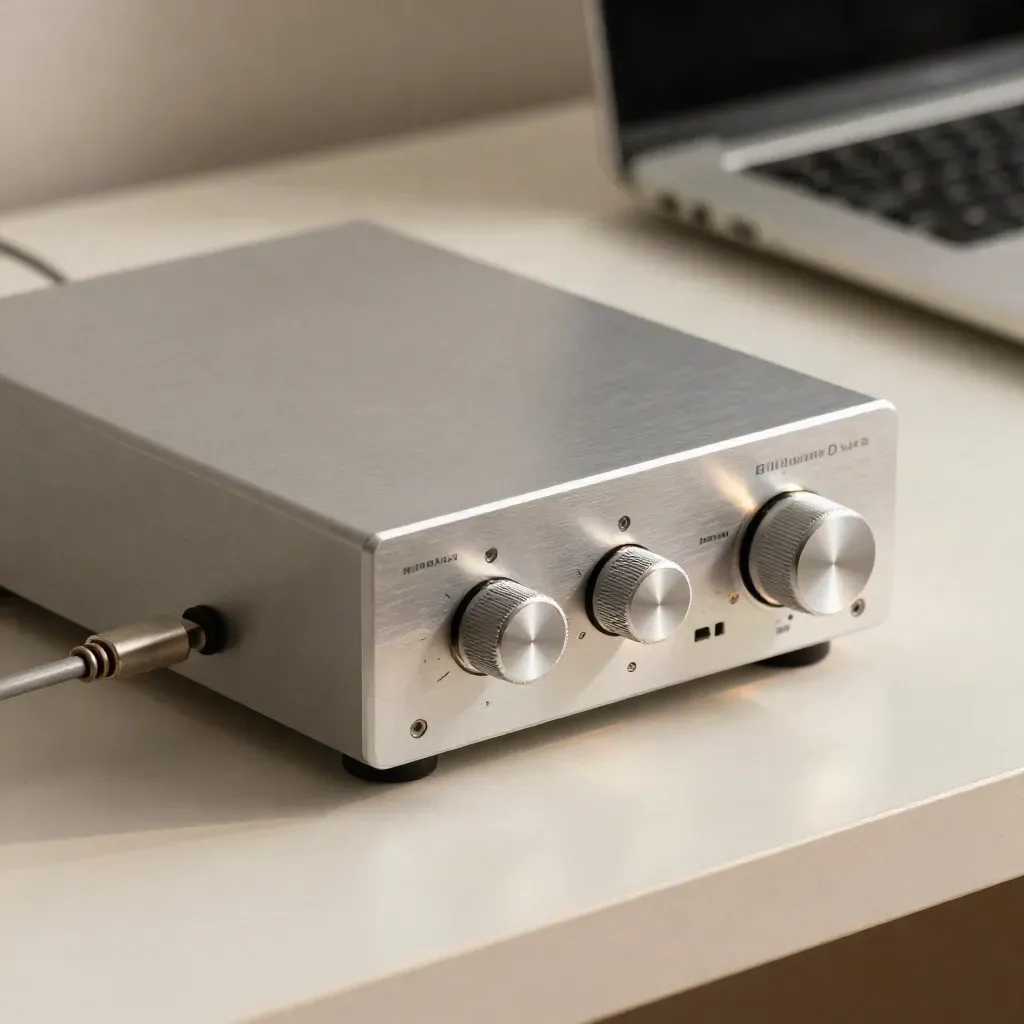 Brushed-metal desktop DAC with low-set knob on a pale desk, laptop edge blurred behind.