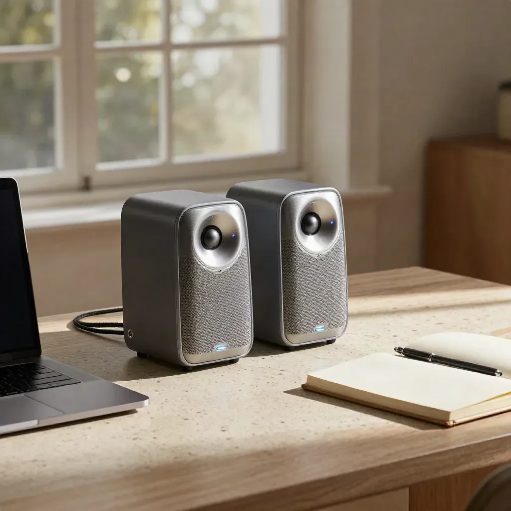 Compact speakers beside a laptop dock and closed notebook on a hazy sunlit apartment desk.