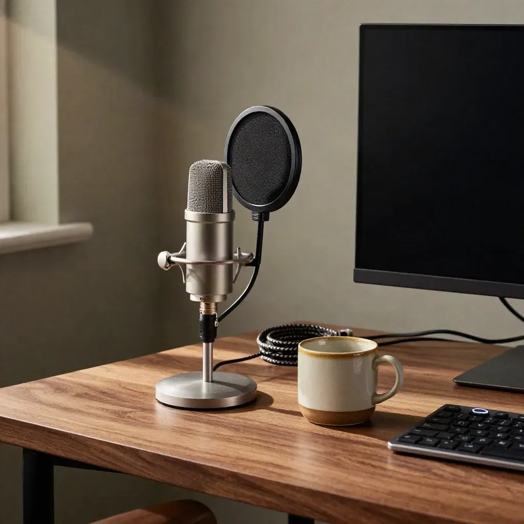 USB mic on weighted stand beside a monitor base and mug in a warm walnut home-office corner