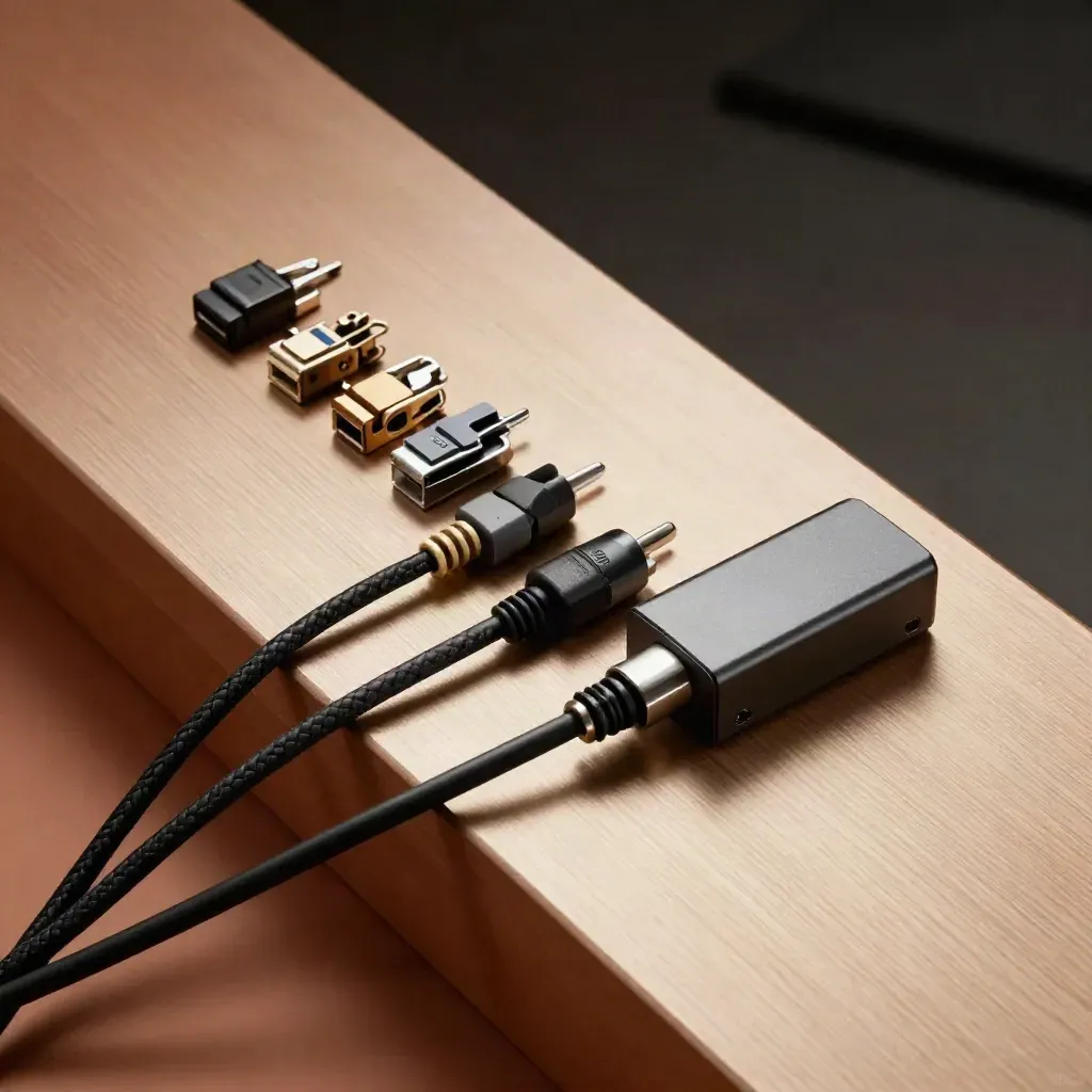 Top-down cable clips, braided sleeve, and compact DAC neatly aligned on a terracotta desk edge.