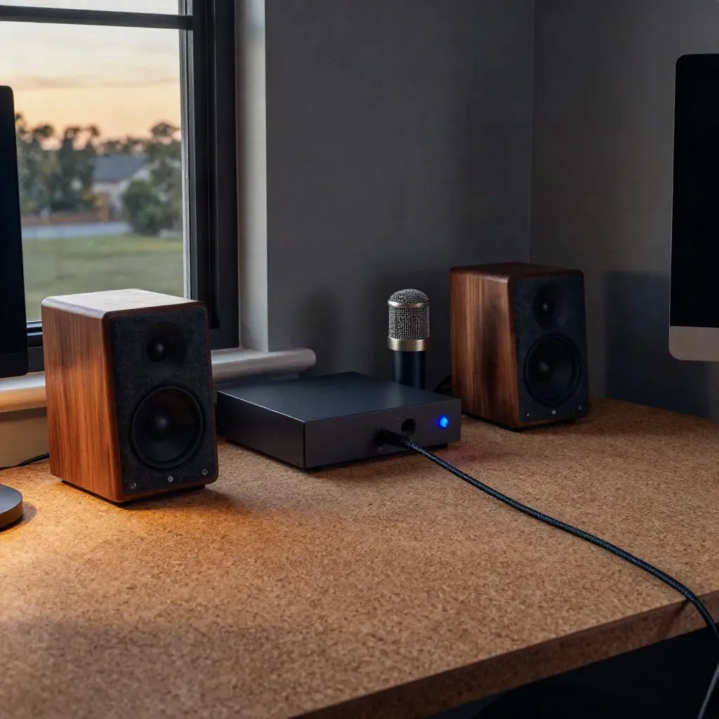 Cozy Texas home office corner with compact speakers and a small microphone by a dark window.