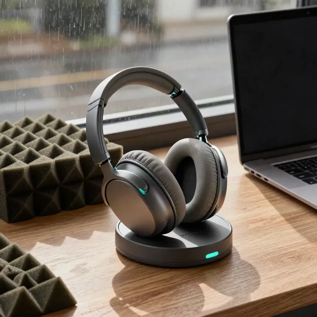Headset on a cradle beside foam tiles and a closed laptop, lit by rain-soft window light.