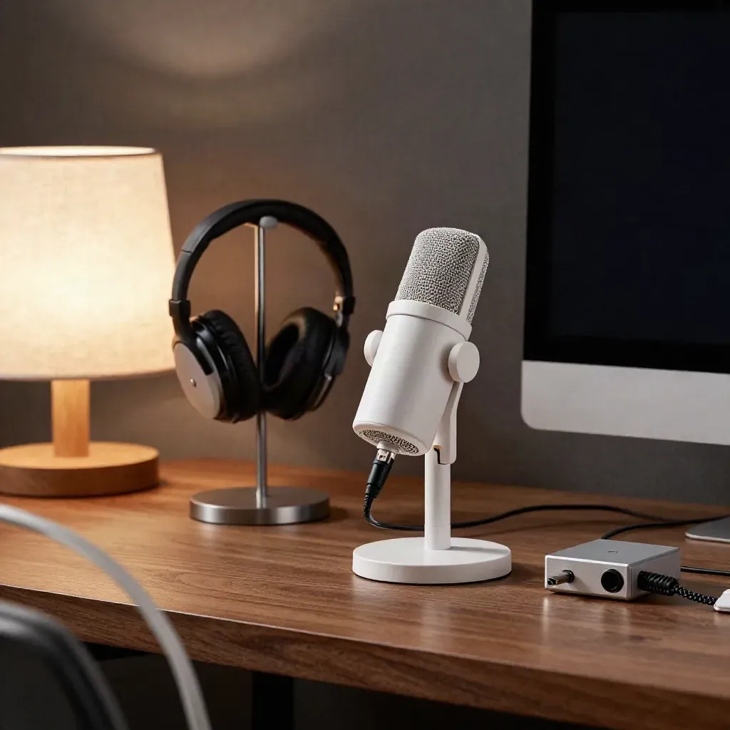 Streamer desk with white mic, headset stand, DAC, dark monitor and glowing lamp on walnut surface.
