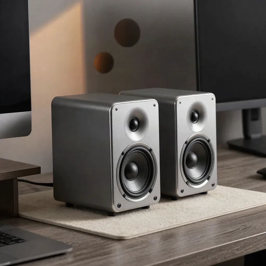 Low-profile desk speakers on a wool mat beside a monitor base, lit cinematically.