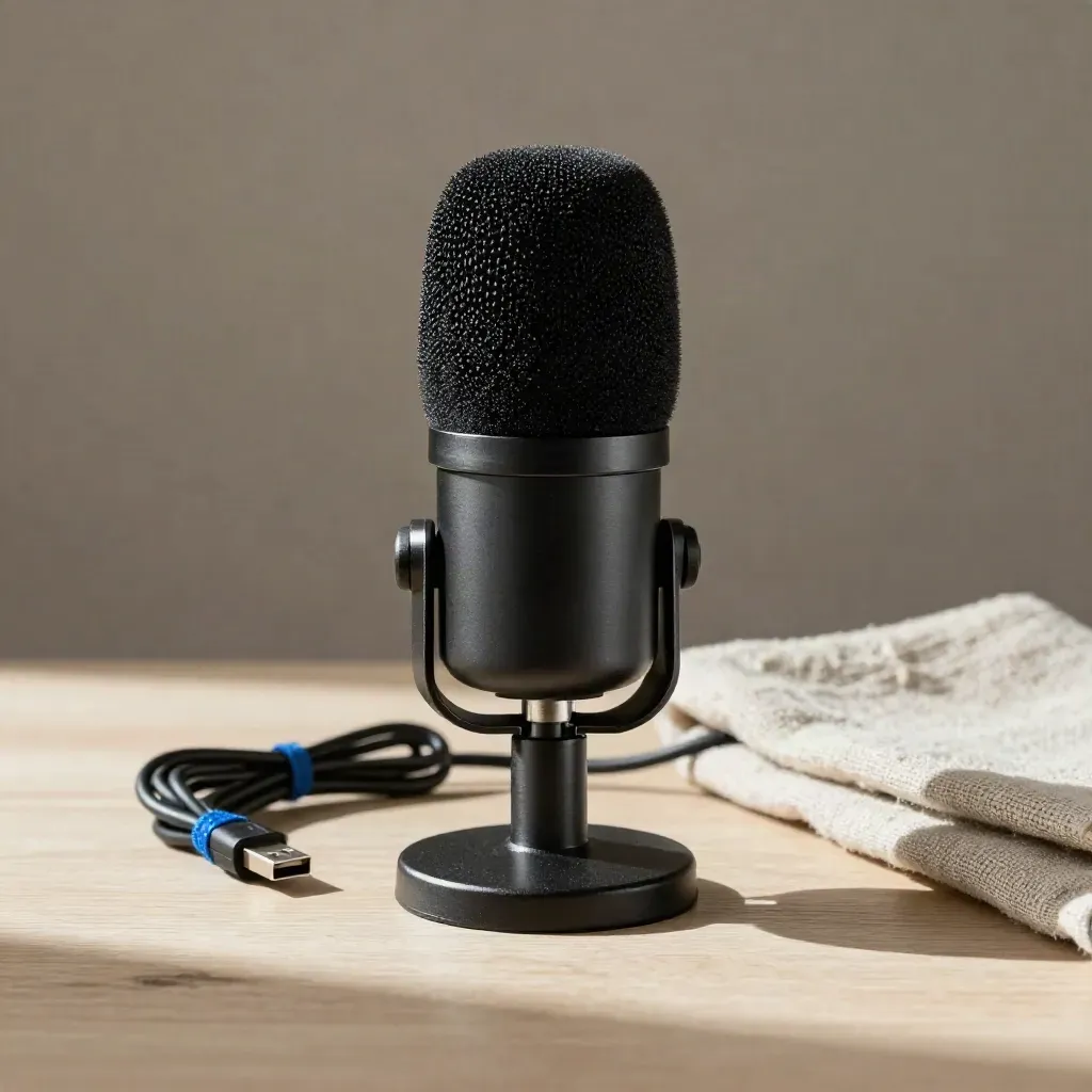 Matte black USB mic with cable and desk accessories on pale wood in soft daylight.