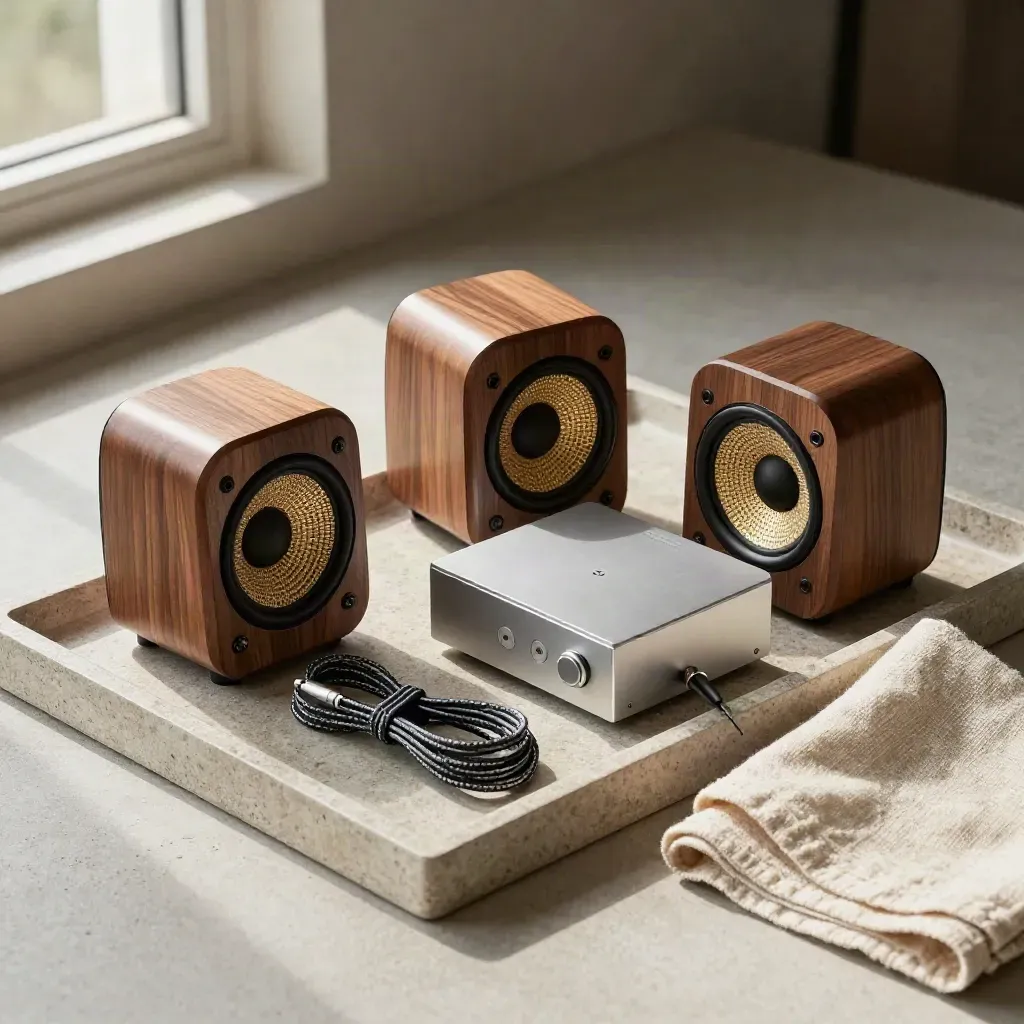 Walnut mini speakers with DAC, cable, and linen cloth on a stone tray in soft window light.
