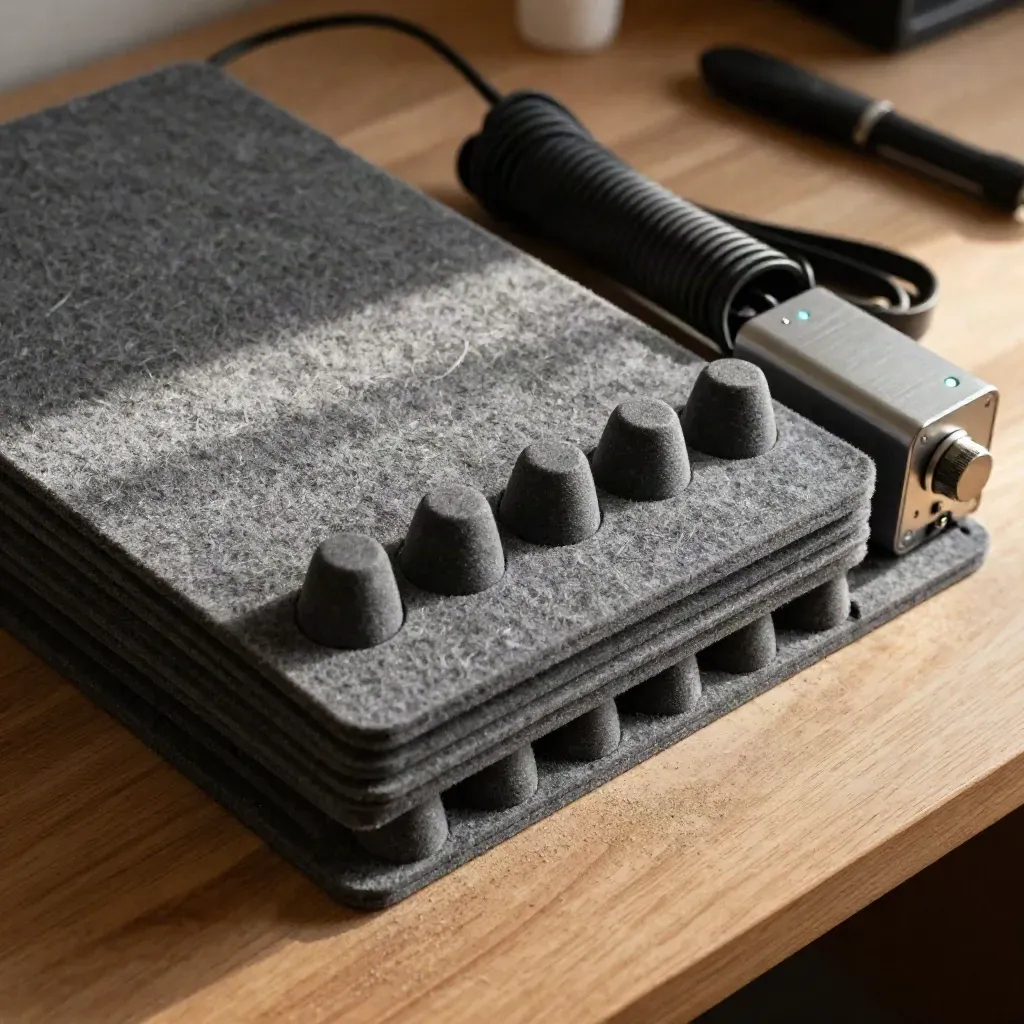 Overhead stack of felt pads, silicone feet, cable sleeve and audio interface on a warm workbench.