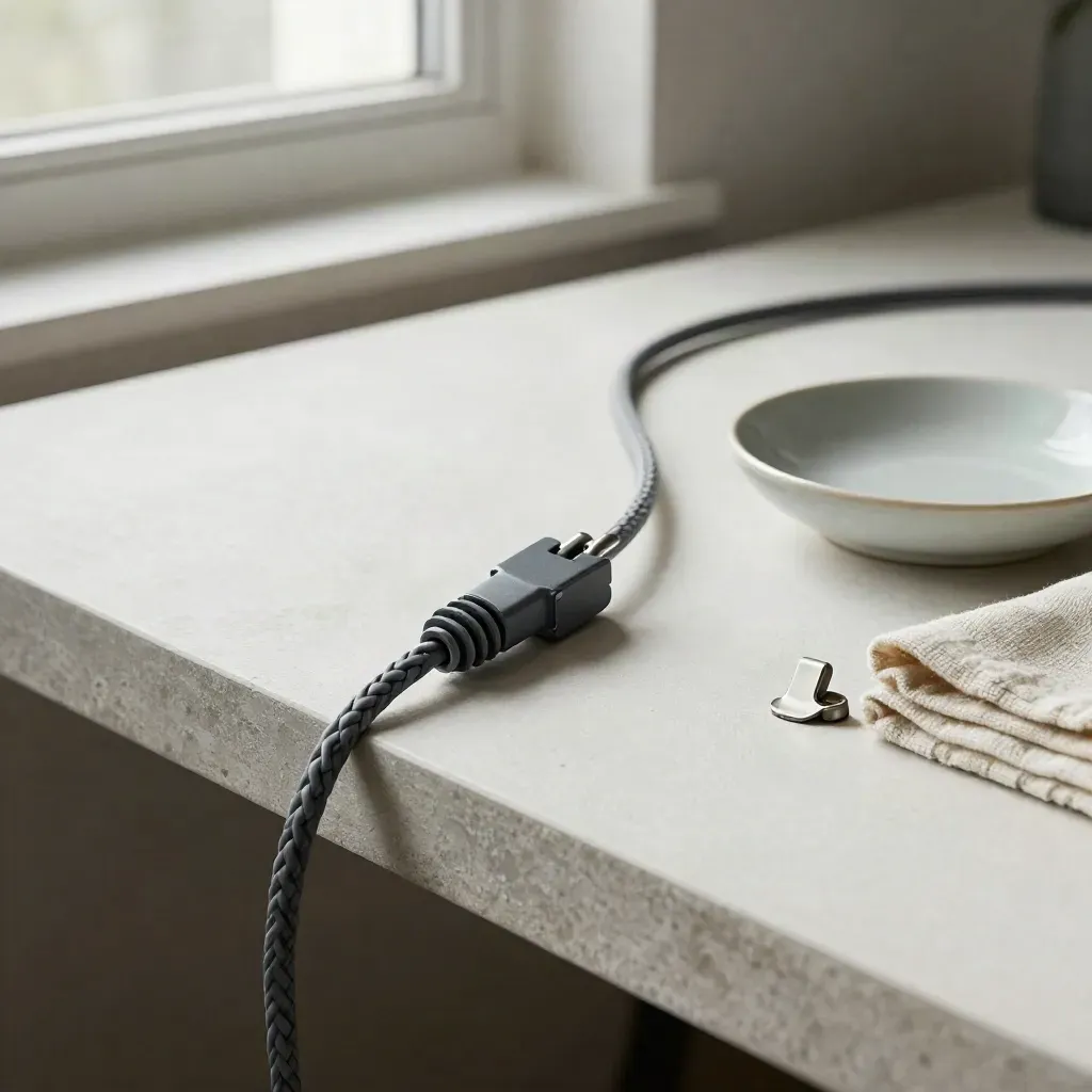 Braided cable sleeve clipped neatly along a pale desk edge with a small ceramic dish and linen swatch.