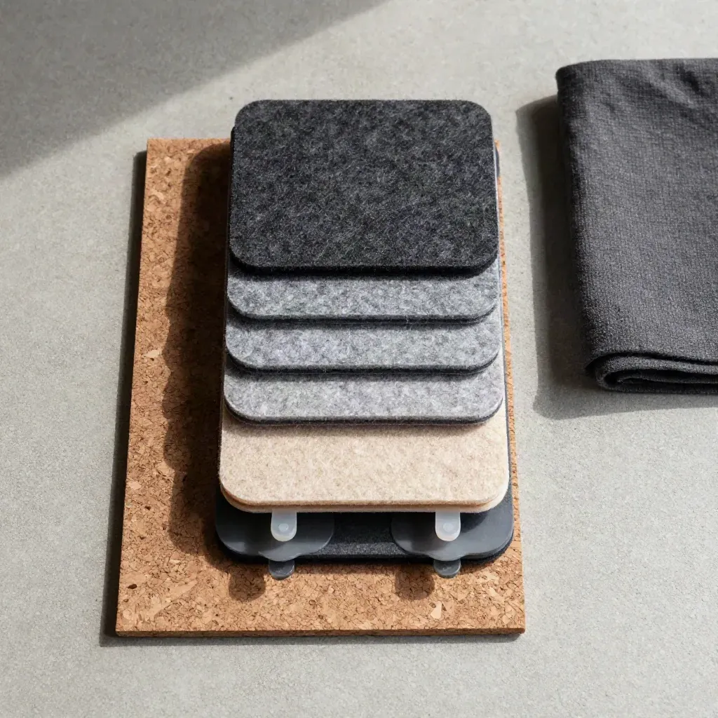 Overhead flatlay of felt desk pads, silicone feet, cork mat, and linen swatch on concrete.