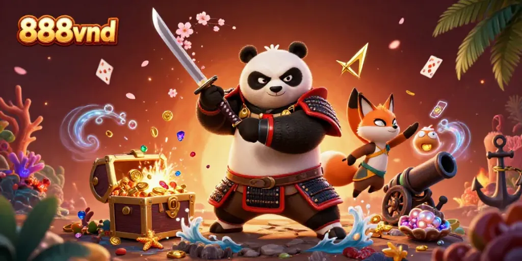 Engage in thrilling gameplay at 888vnd with a vibrant illustration of samurai panda and ninja fox amidst gold treasures.