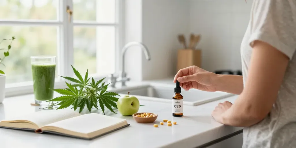 sg vape delivery featuring premium CBD oil and hemp extract in a bright kitchen wellness routine