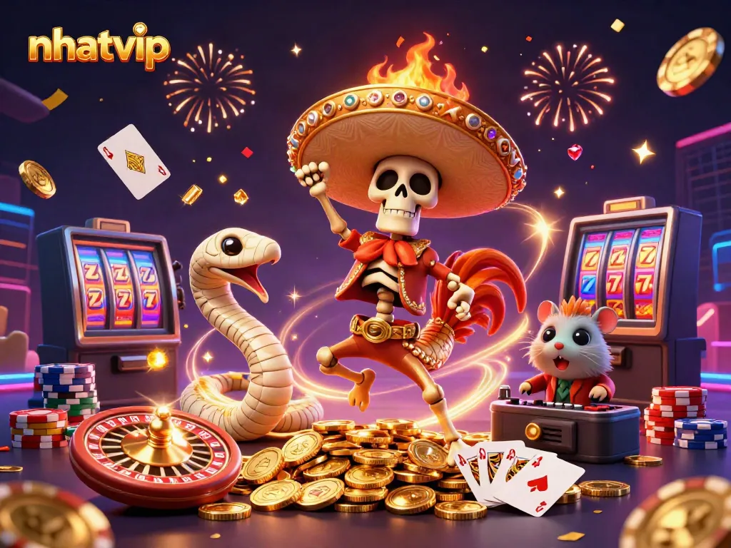 Nhatvip celebrates with a vibrant casino scene featuring animated characters and casino elements.
