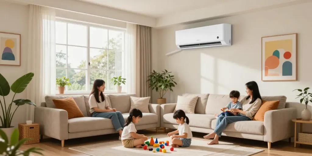 Mini split AC system in a cozy living room with family enjoying comfort.