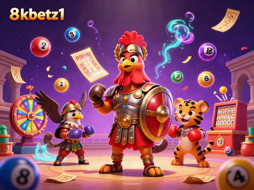 Engage with 8xbetz1's thrilling lottery games featuring animated characters in a vibrant casino setting.