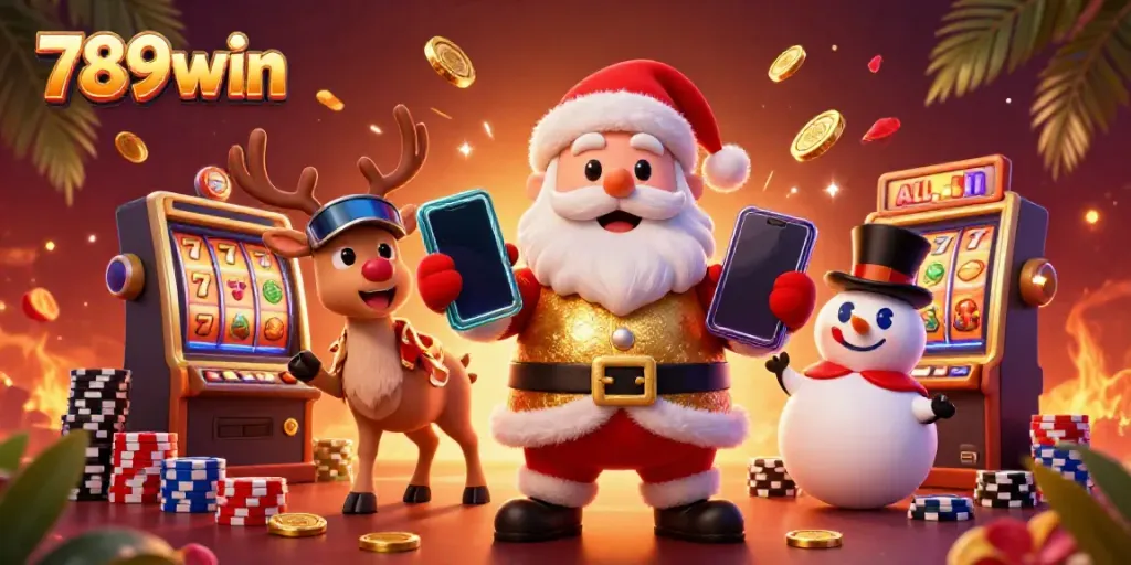 Spin and win with Santa at 789win's jackpot slots in a vibrant casino setting.