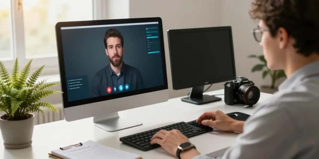 Deepfake protected Online Video Calls in a modern home office setup.