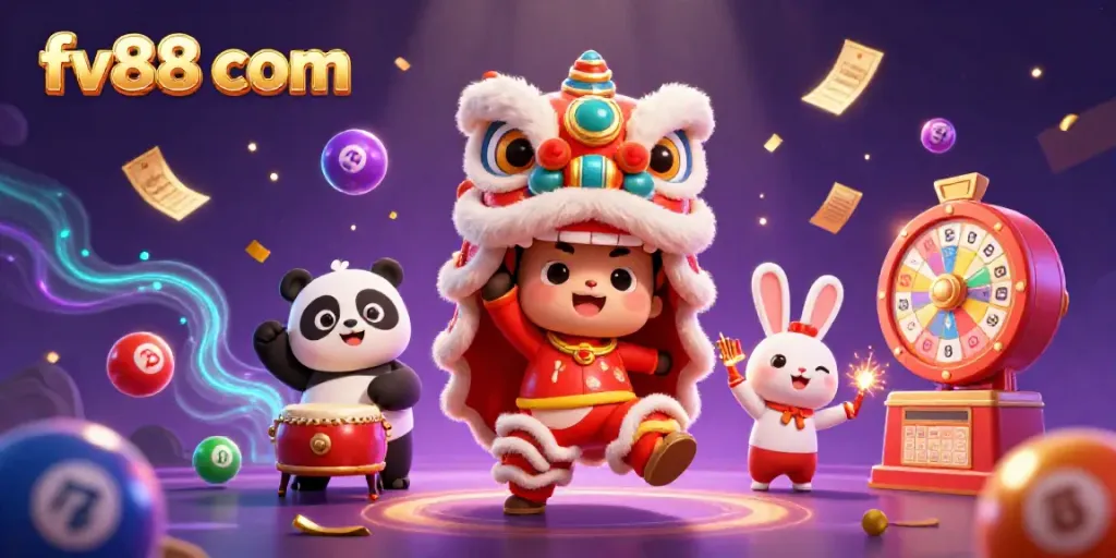 Experience the excitement with fv88 com in an illustrated scene of a lion dance amidst vibrant casino elements.