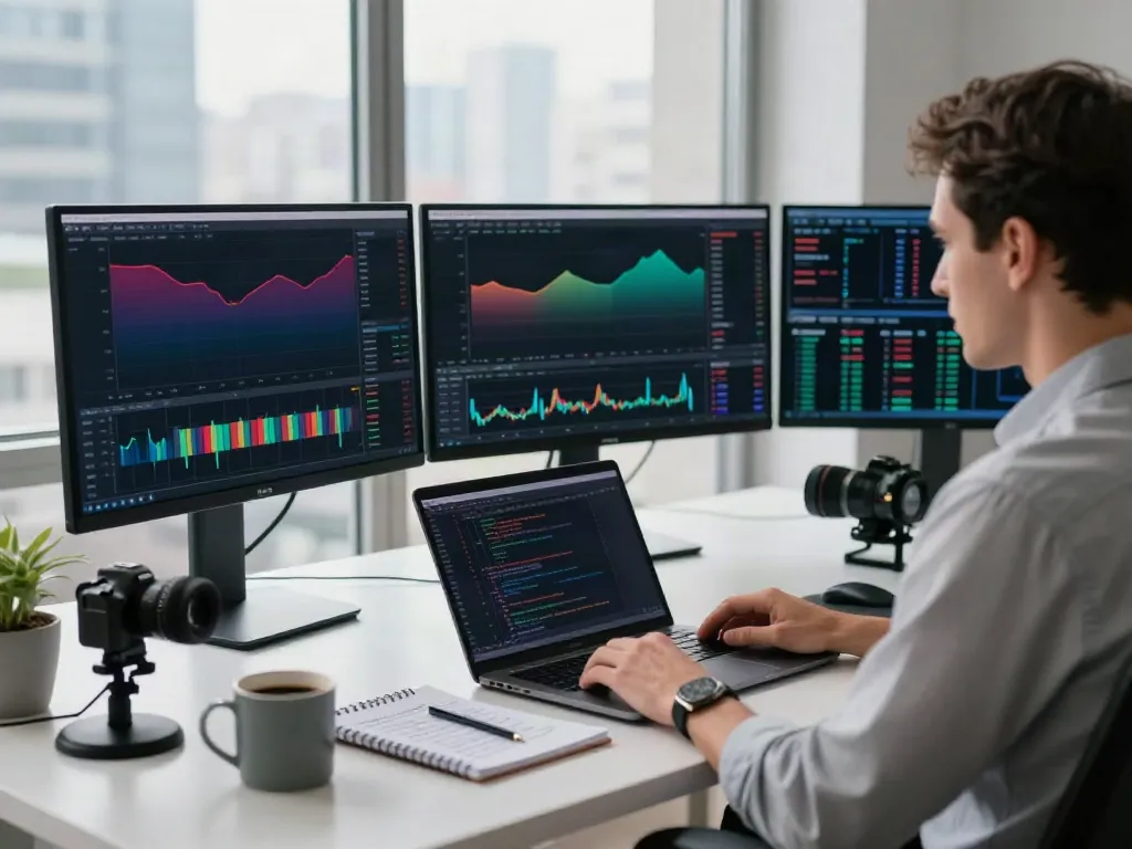 Trader analyzing TradingView charts in a modern workspace with financial tools.