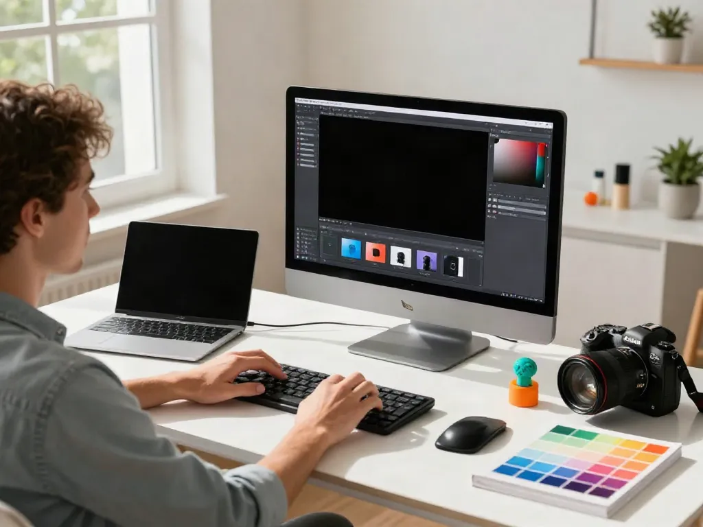 E-commerce product photo generator workspace with designer editing on computer, bright natural light.
