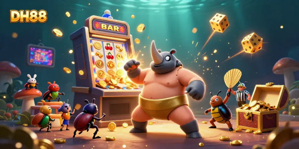 Experience excitement with the DH88 online casino featuring a vibrant illustration of a sumo beetle champion amidst a flurry of gold coins and joyous elements.