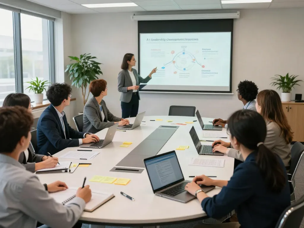 Engaged professionals participating in leadership development programs Connecticut in a collaborative conference room.