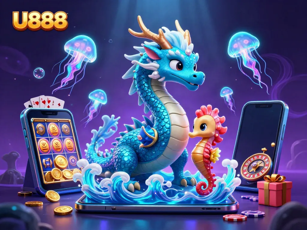 Immerse in the magical underwater world with U888 featuring an azure dragon, vibrant slot game elements, and glowing jellyfish.