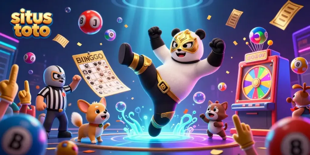 Experience excitement at situs toto with a panda wrestler kicking amid lively animal spectators and dynamic lottery visuals.