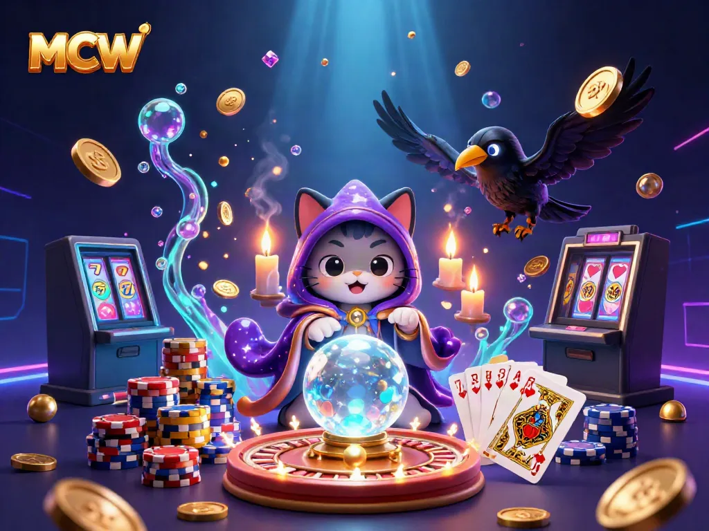 Engage with MCW's thrilling casino adventure featuring a vibrant 3D scene with fortune teller and games.