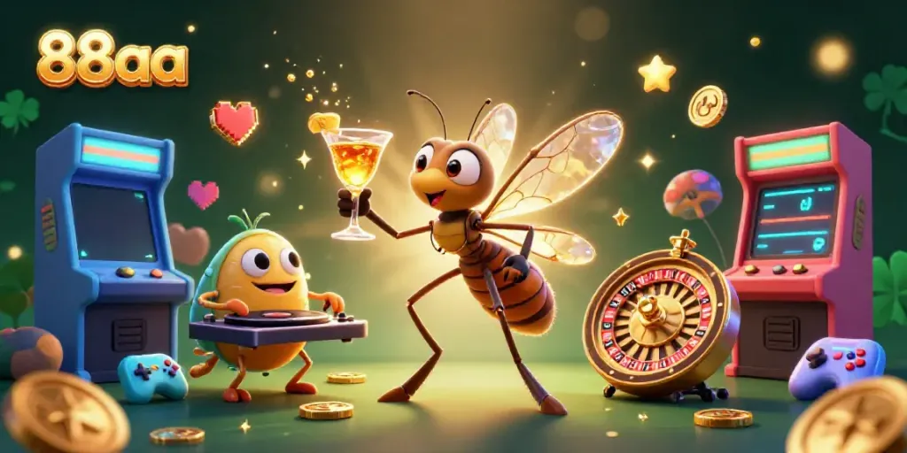 Engage in thrilling gaming with 88aa at a vibrant casino featuring unique characters and arcade elements.