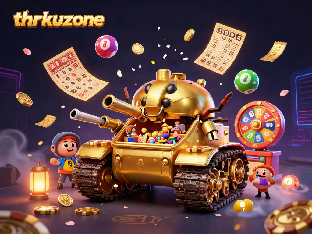 Experience the thrill of thrkuzone with a vibrant casino scene featuring a golden tank, bouncing lottery balls, and dynamic gaming elements.
