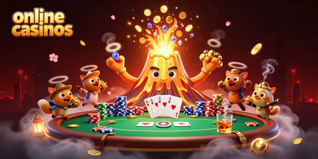 Experience thrilling online casinos with a golden volcano and treasure-laden animals in a 3D illustration.