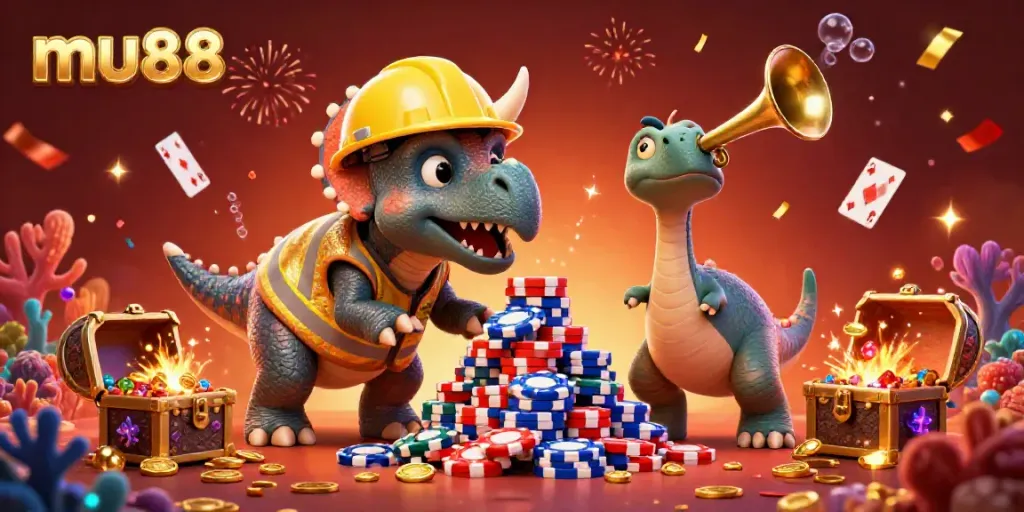 Celebrate big wins with mu88 - a vibrant 3D illustration of characters building poker chip pyramids amidst underwater treasures.