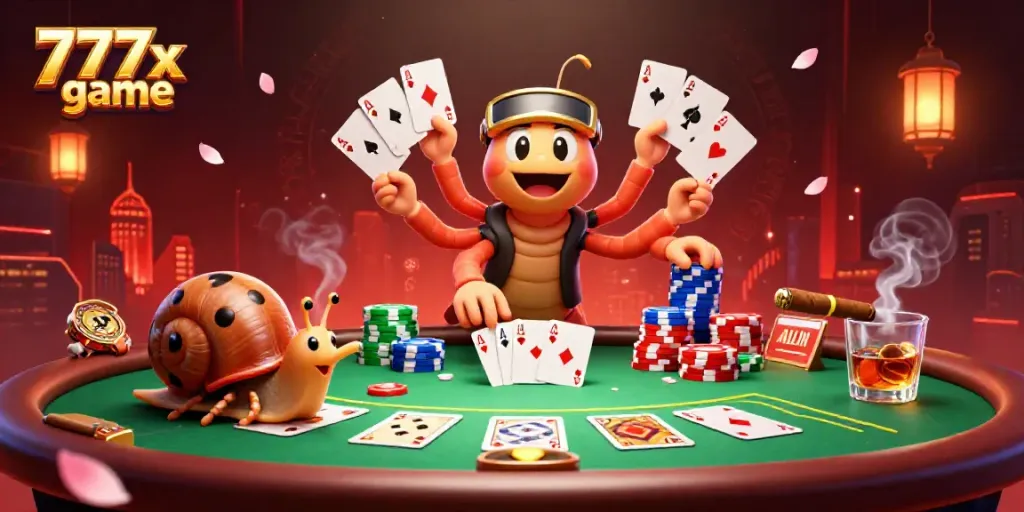 Engage in the vibrant 777x game as a millipede dealer dynamically interacts with players and chips.