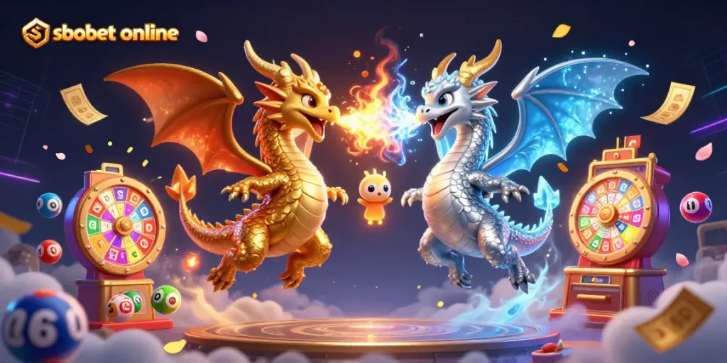 Engage with sbobet online through this vibrant scene featuring dynamic dragons, colorful gaming elements, and an enchanting design.